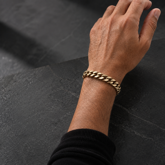 Vesta 10mm champagne gold-tone PVD titanium bracelet - male model wearing