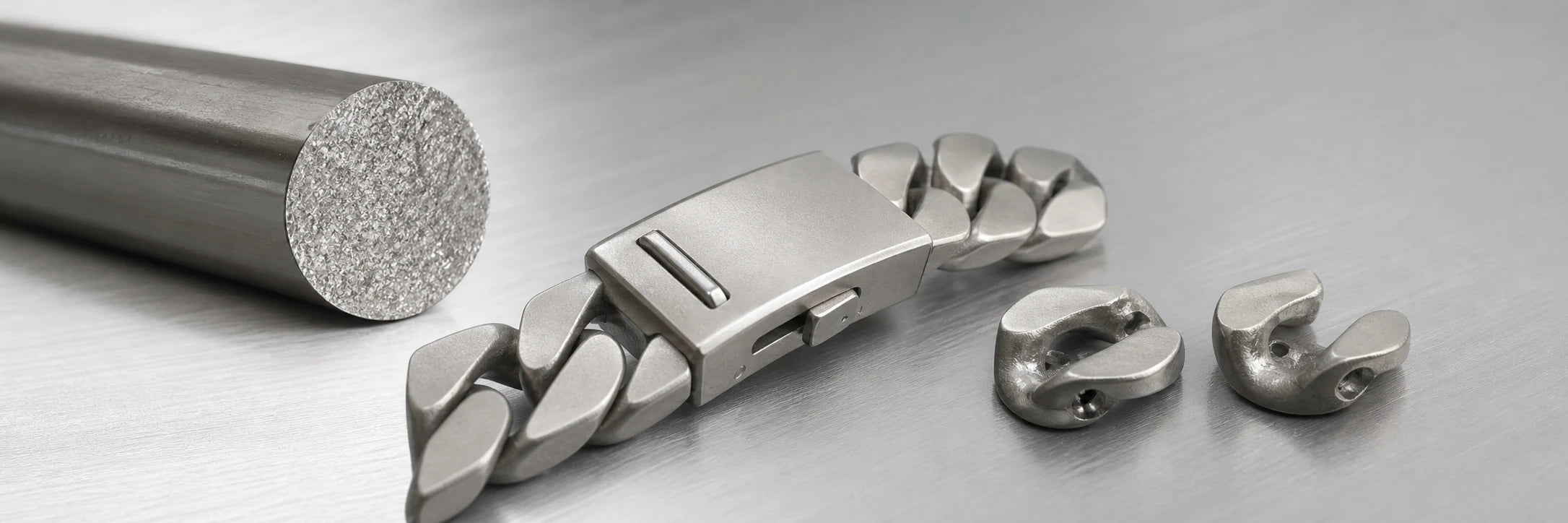 Grade 5 titanium billet, precision-machined clasp, and titanium chain links